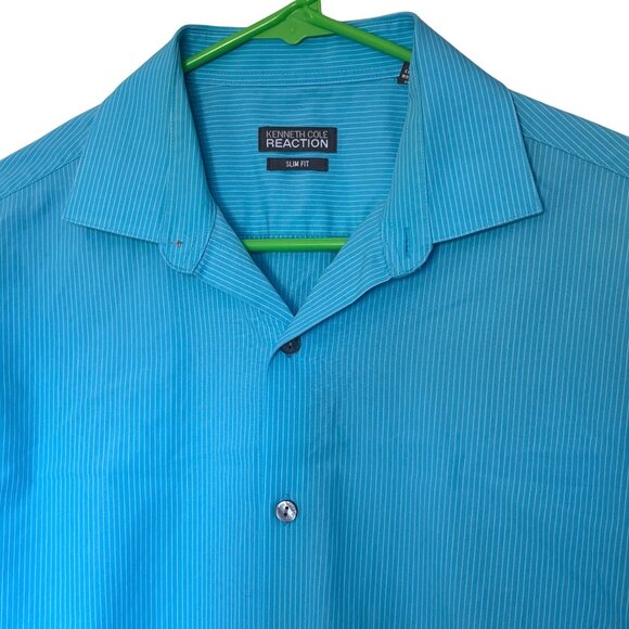 Kenneth Cole Reaction Slim Fit Mens Turquoise Striped Shirt Size 15.5 34-35 - Picture 2 of 12